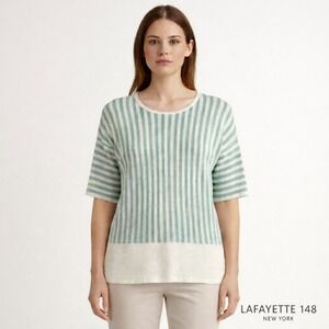 Lafayette 148 New York Linen Blend Striped Knit Top Sage Green Cream Large